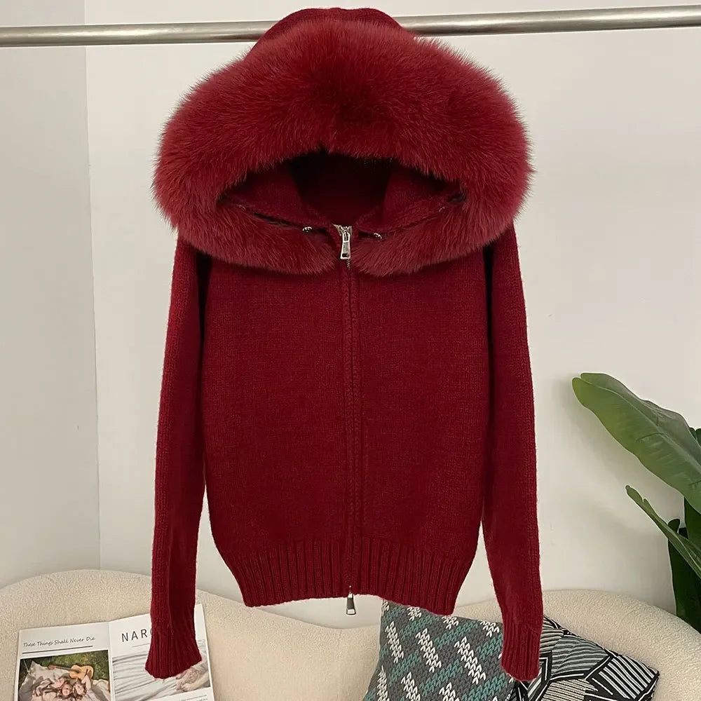 Women's Hooded Zip Front Fluffy Trim Jacket Casual Knit Layer