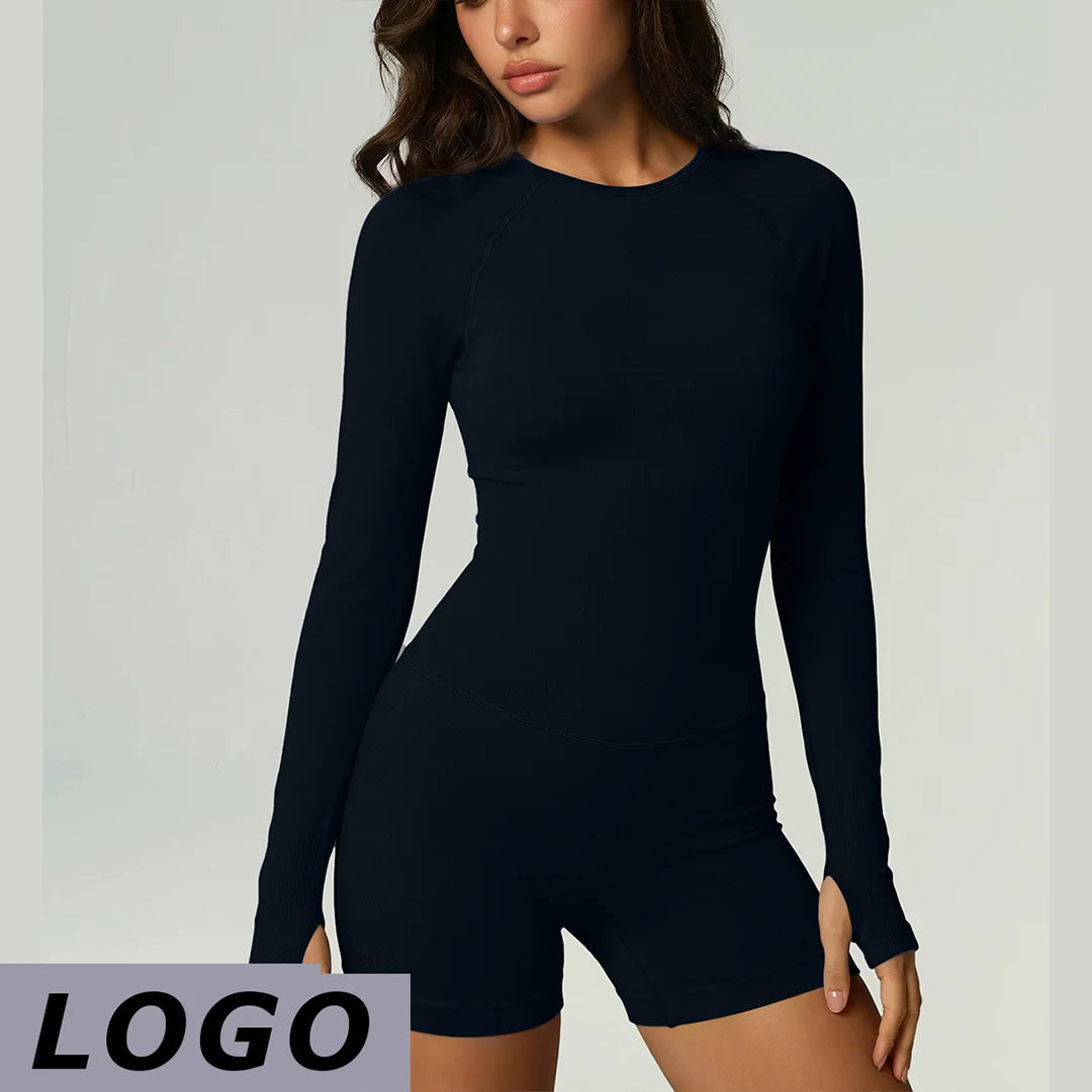 Women's Long Sleeve Nylon Blend Workout Romper with Open Back