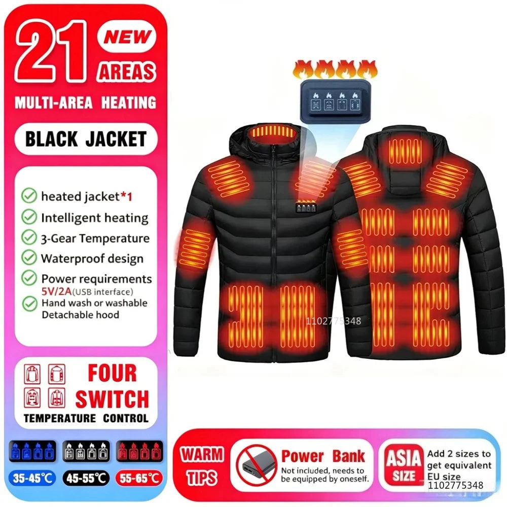 USB Heated Hooded Full Zip Long Sleeve Outdoor Jacket