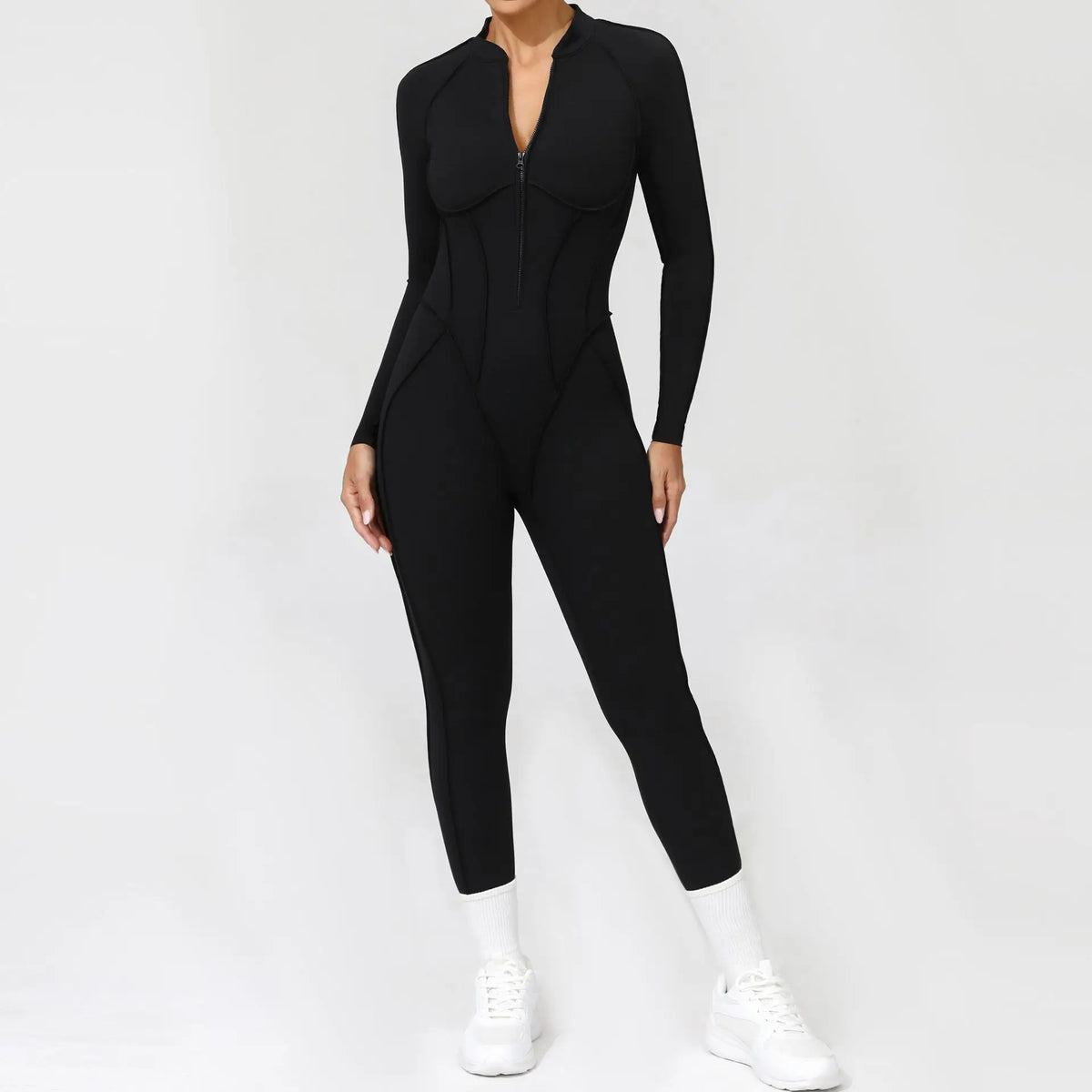 Women's Zip Front Contour Seam Workout One Piece in Long and Short Styles