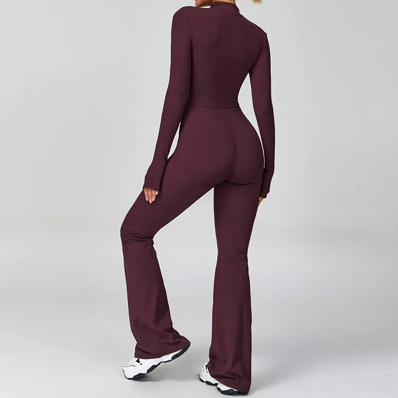 Women's Long Sleeve Nylon Blend Flared Workout Jumpsuit with Front Zipper