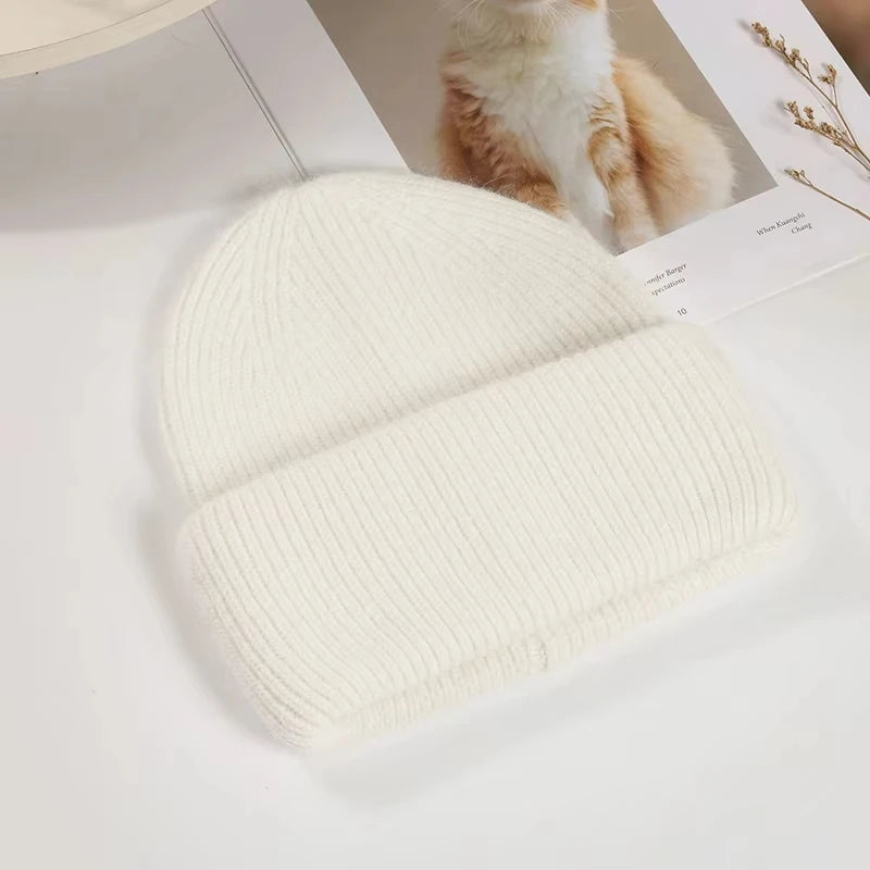 Solid Ribbed Knit Beanie with Wide Folded Cuff