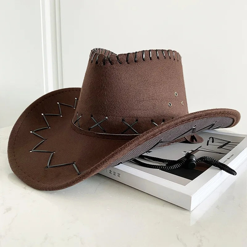 Wide Brim Cowboy Hat with Decorative Edge Stitching