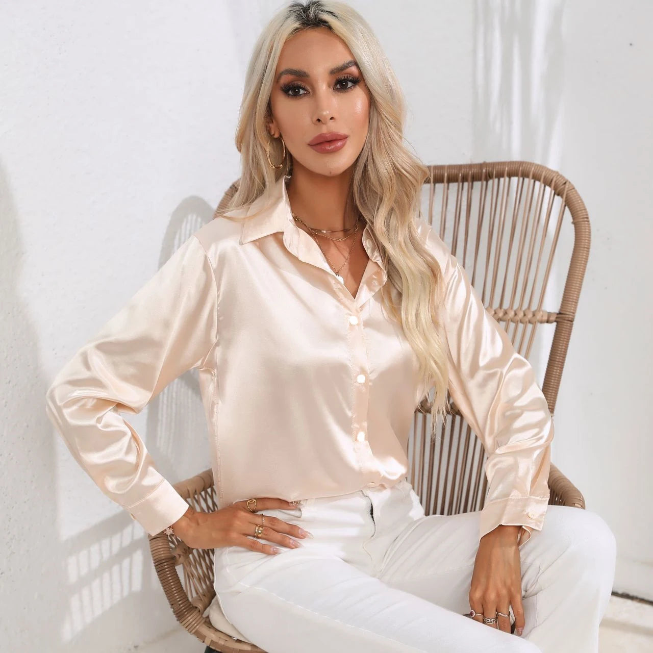 Women's Button Front Satin Look Shirt