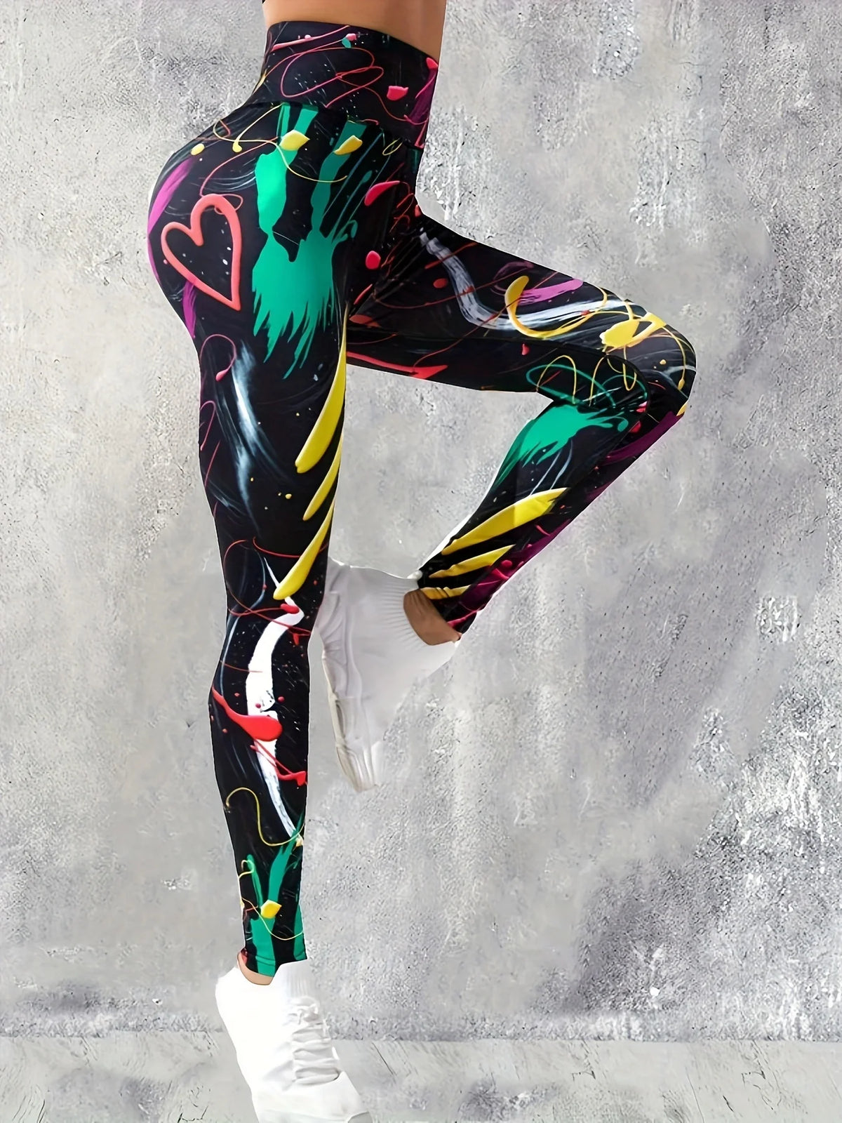 Women's Colourful Graffiti Heart Print Polyester Leggings with High Waist