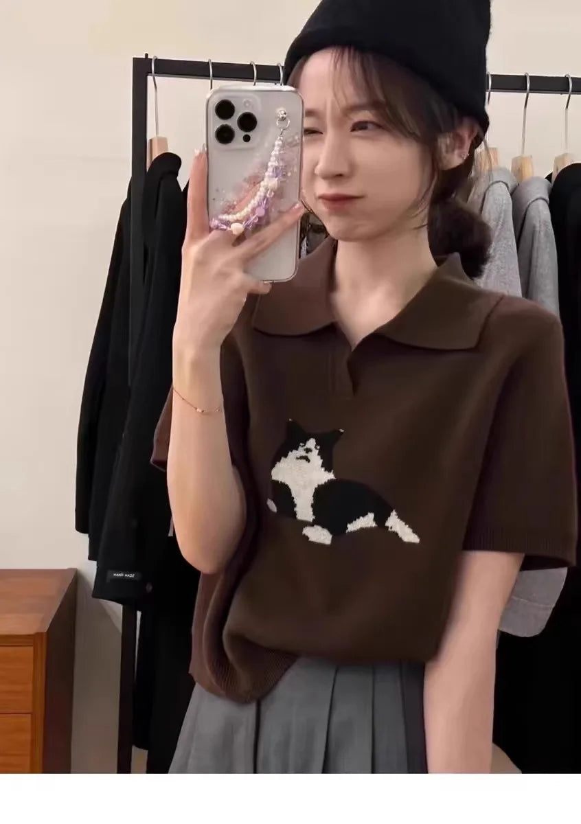 European vintage cat jacquard cashmere knitted short-sleeved women's lapel front-shoulder wool T-shirt, half-sleeved short top