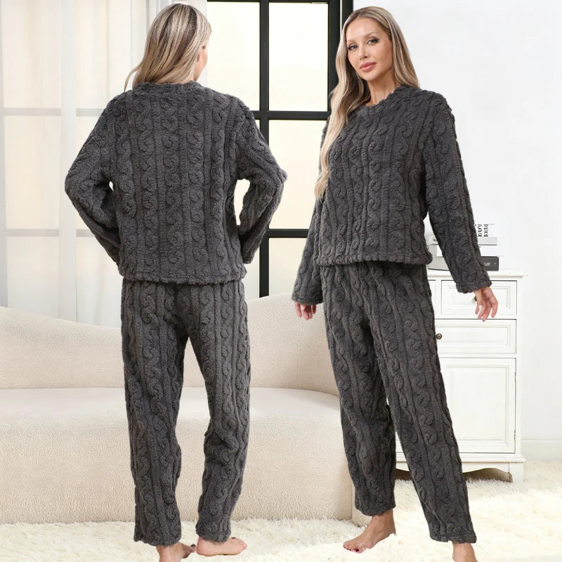 Women's Cable Texture Long Sleeve Pajama Set with Top and Pants