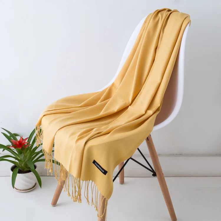 Solid Long Rectangular Scarf with Fringed End Trim