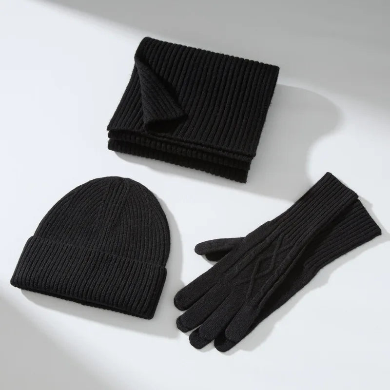 Ribbed Knitted Beanie Hat Scarf and Gloves Set for Winter Wear