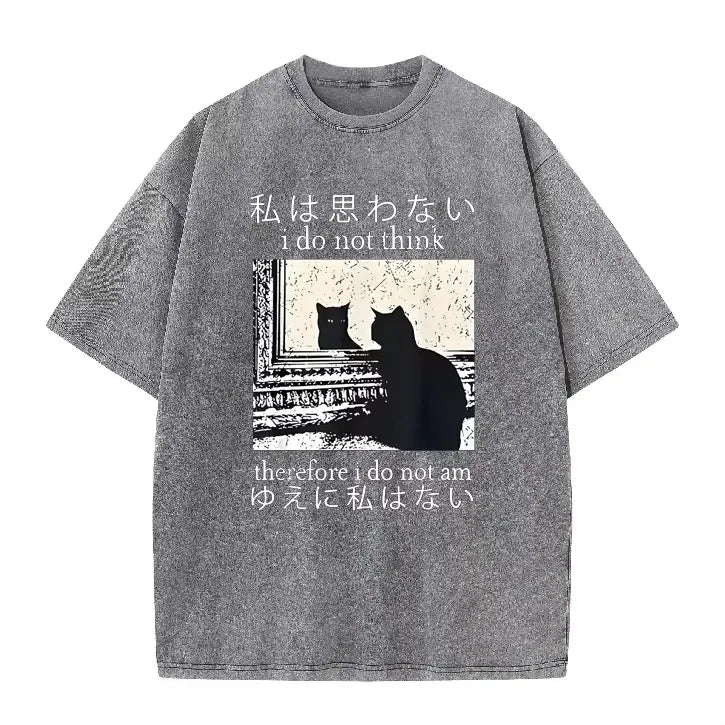 Japanese Quote Mirror Cat Graphic Vintage Wash Oversized Black T Shirt Dark Academia Cat Lover Street Top
