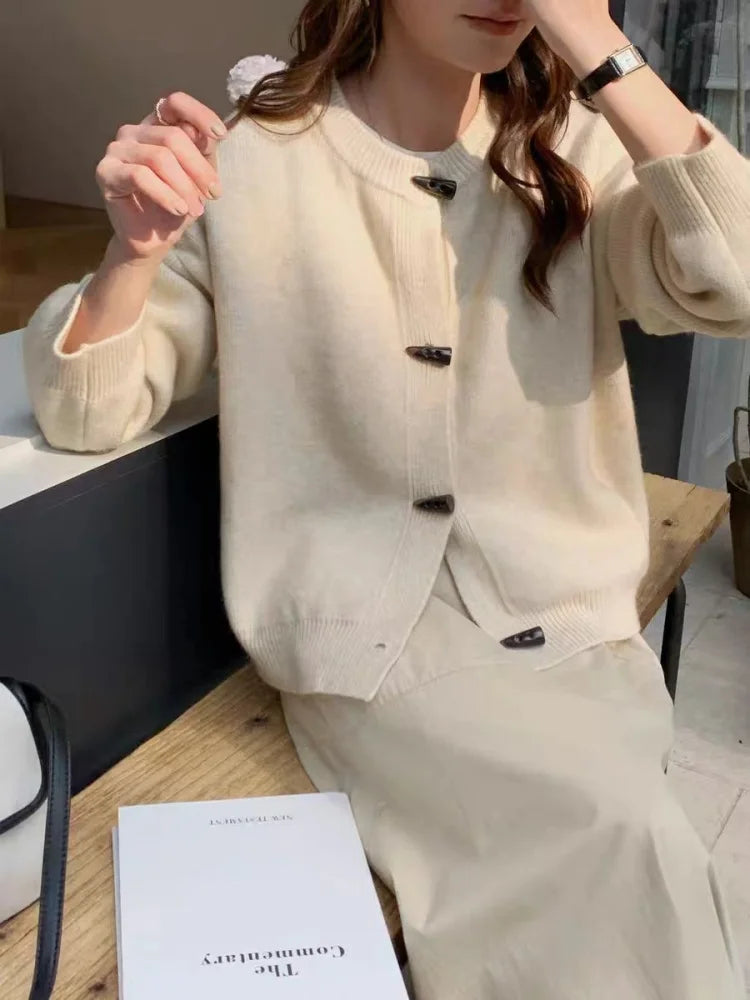 Versatile Crew Neck Autumn and Winter Sweater Wool Coat 100% Pure Cashmere Knitted Cardigan for Women Top