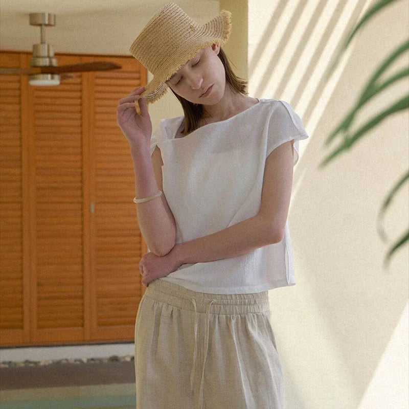 Women's Linen Loose Straight-Leg Full-Length Pants with Drawstring Waist and Practical Pockets