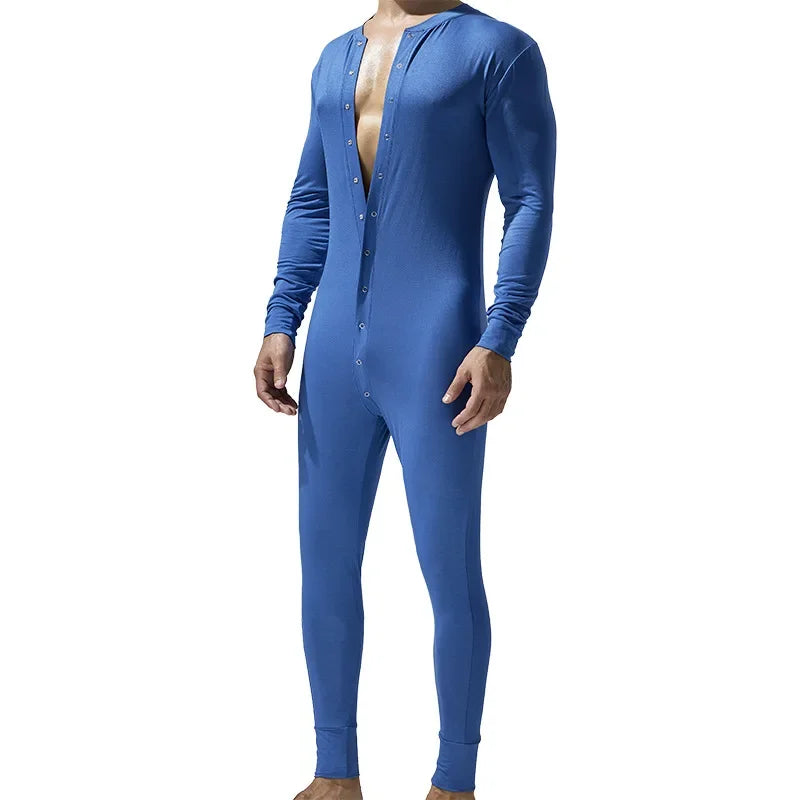 Men's Button Front Long Sleeve Pajama Jumpsuit for Home Wear
