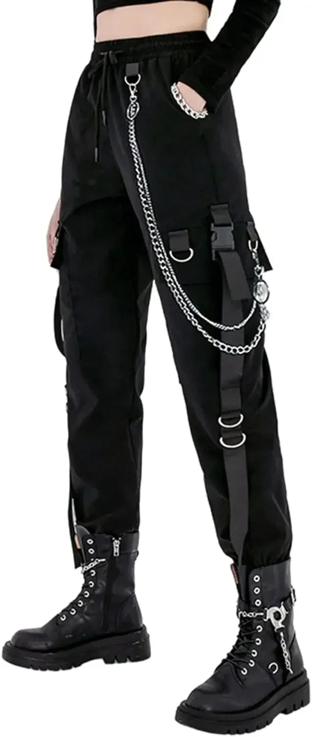 Women's Black Cargo Joggers with Chain and Plain Style Options