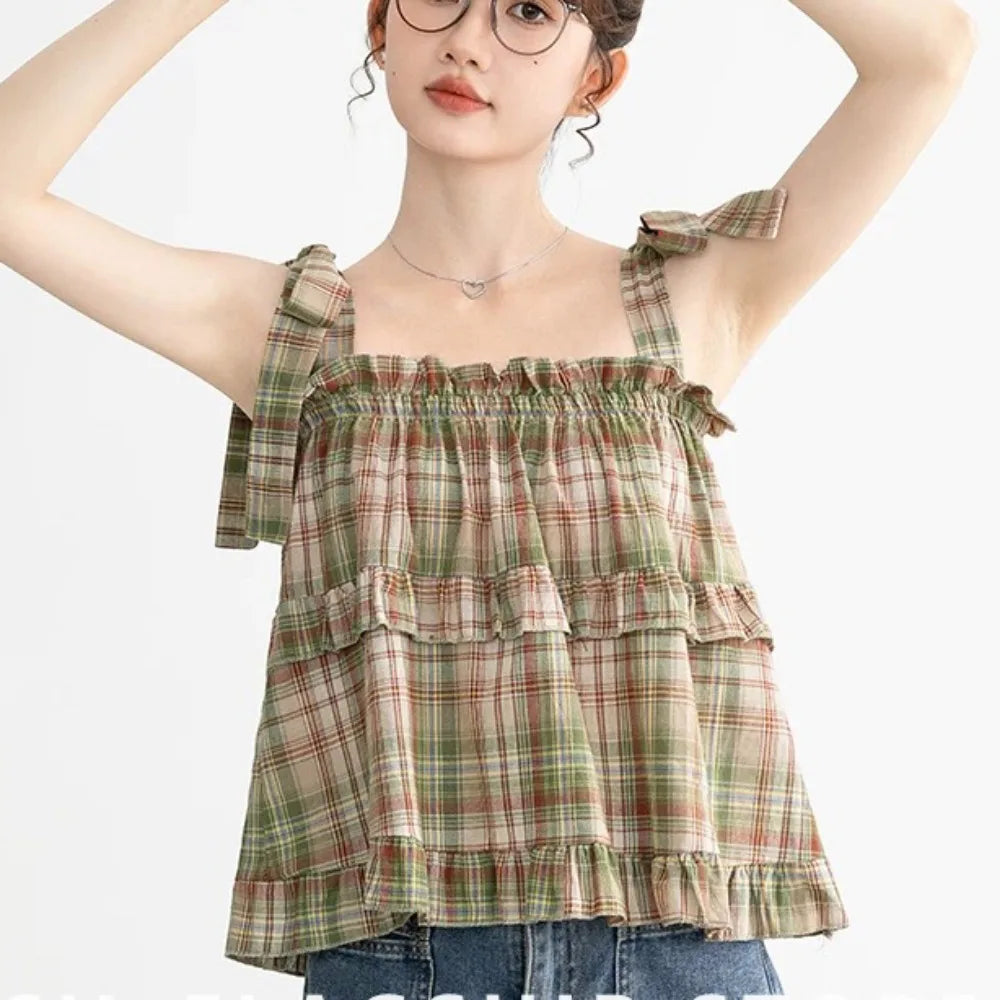 Women's Plaid Cotton Blend Babydoll Camisole with Tie Straps and Tiered Ruffles