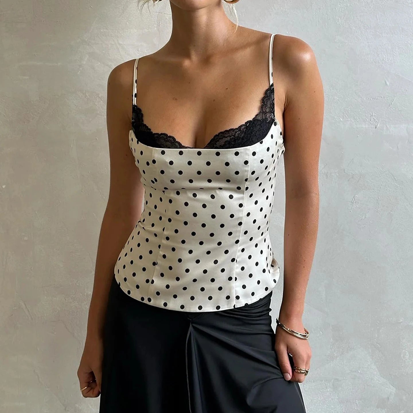 Women's Polka Dot Camisole with a Lace Panel and Thin Straps