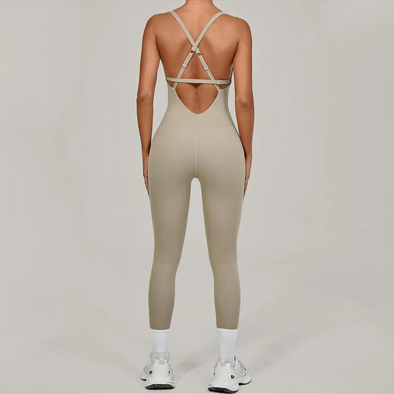 Women's Thin Strap Nylon Blend Workout Jumpsuit with Crisscross Back