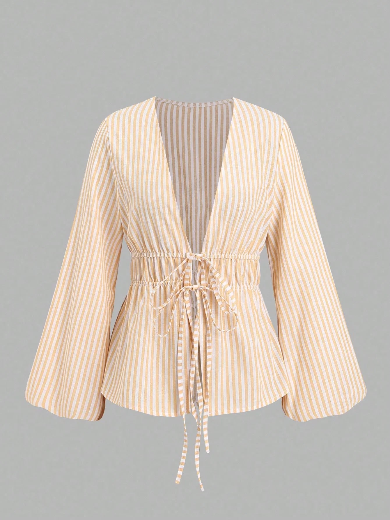 Women's Striped Wrap Blouse with Back Tie and Wide Sleeves