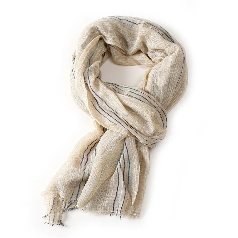 Striped Long Scarf with Decorative Frayed End Trim