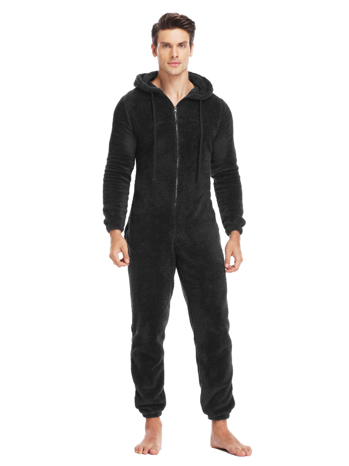 Men's Hooded Long Sleeve Zip Front Plush Pajama Jumpsuit