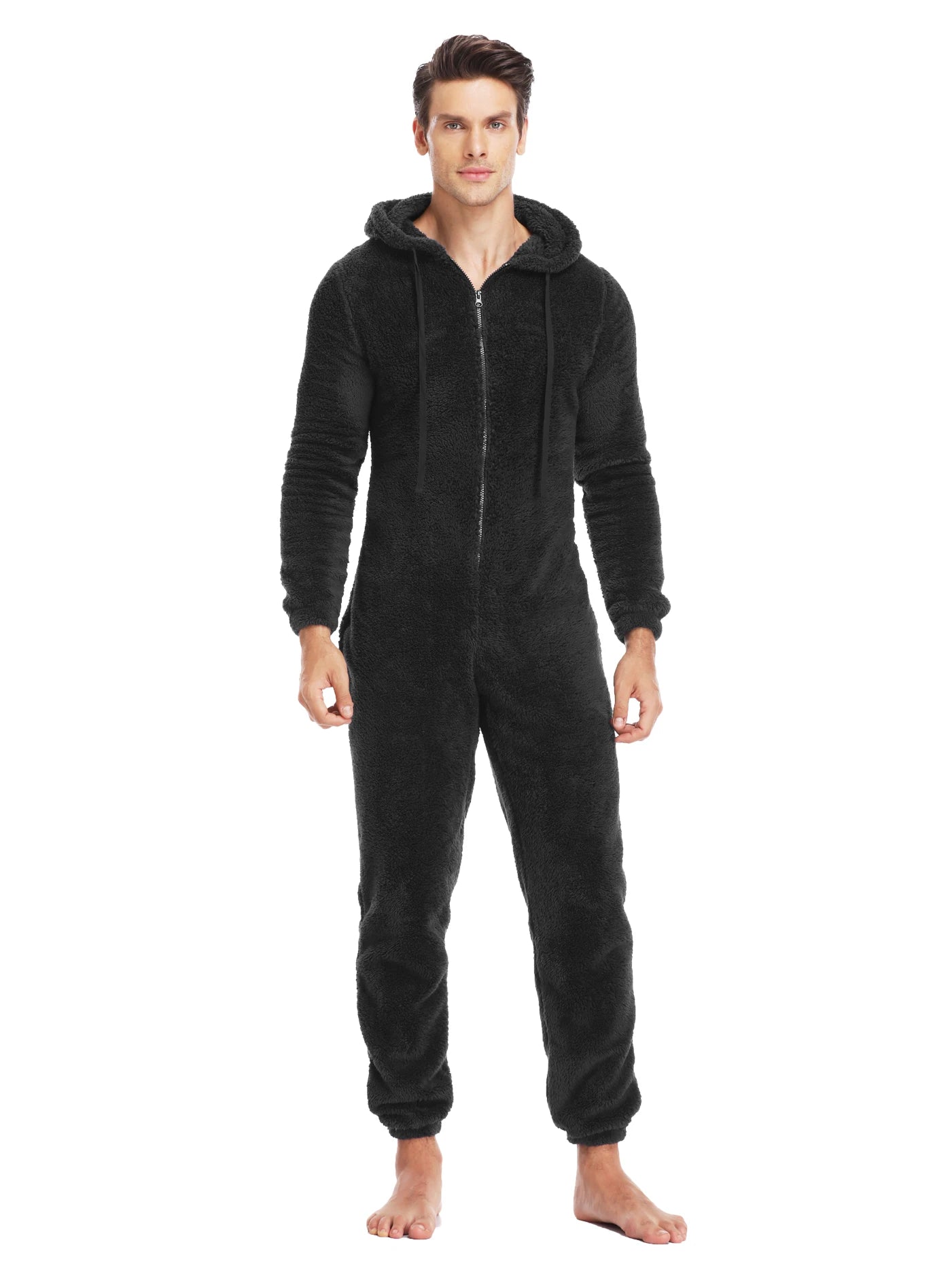 Men's Hooded Long Sleeve Zip Front Plush Pajama Jumpsuit