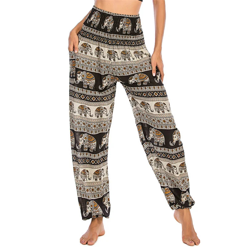 Women's Printed Rayon Harem Pants with High Waist and Gathered Ankles