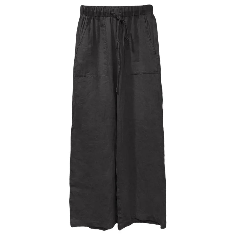 Women's Linen Loose Straight-Leg Full-Length Pants with Drawstring Waist and Side Pockets