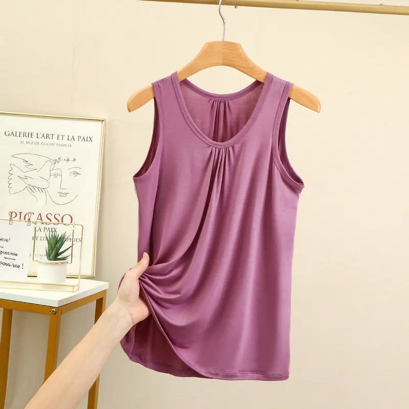 Women's Gathered Neck Polyester Modal Tank Top with Loose Sleeveless Fit