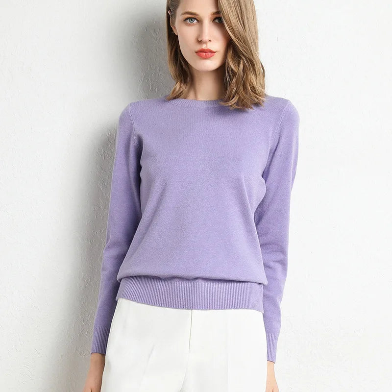 Women's Plain Crew Neck Long Sleeve Sweater Casual Knit Layer