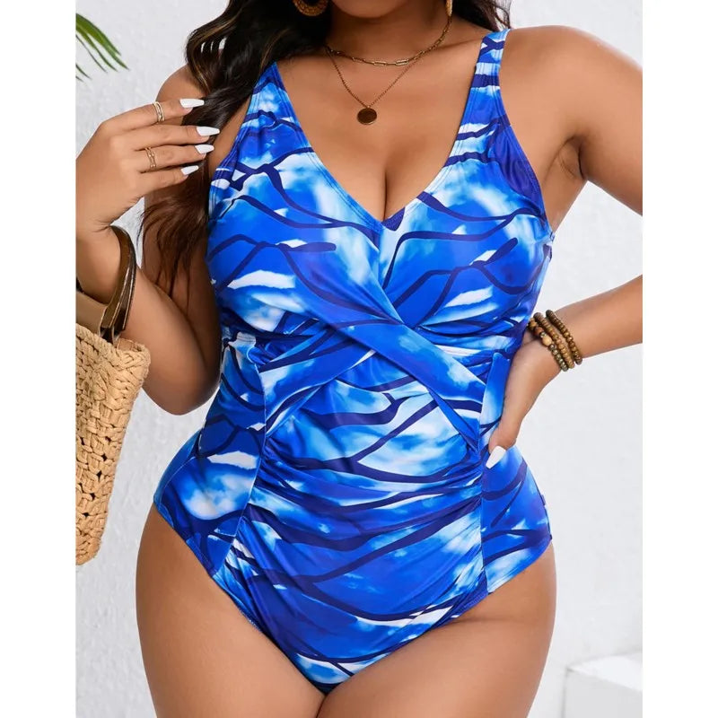 Women's Printed Ruched Front V Neck One Piece Swimsuit