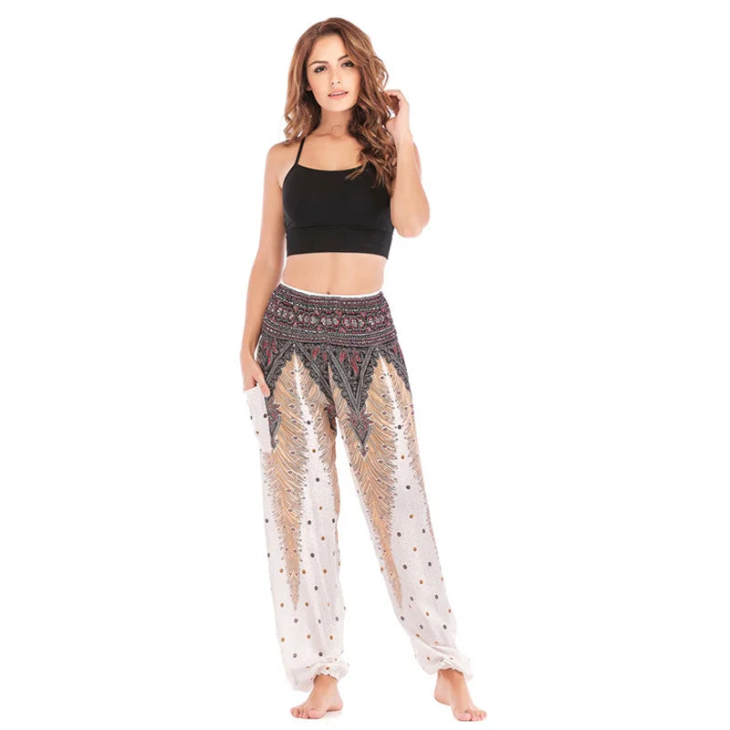 Women's Printed Nylon Harem Pants with Smocked Waist and Convertible Styling