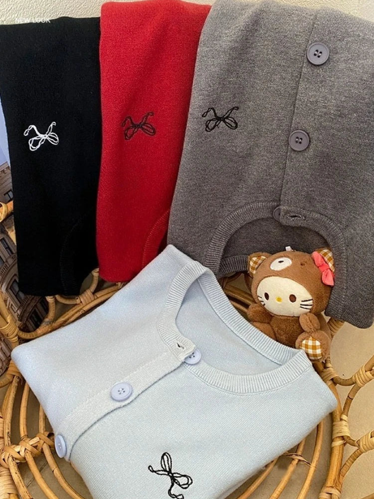Women's Crew Neck Bow Embroidered Button Front Cardigan
