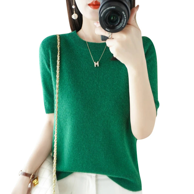 Women's Crew Neck Short Sleeve Sweater Casual Knit Layer