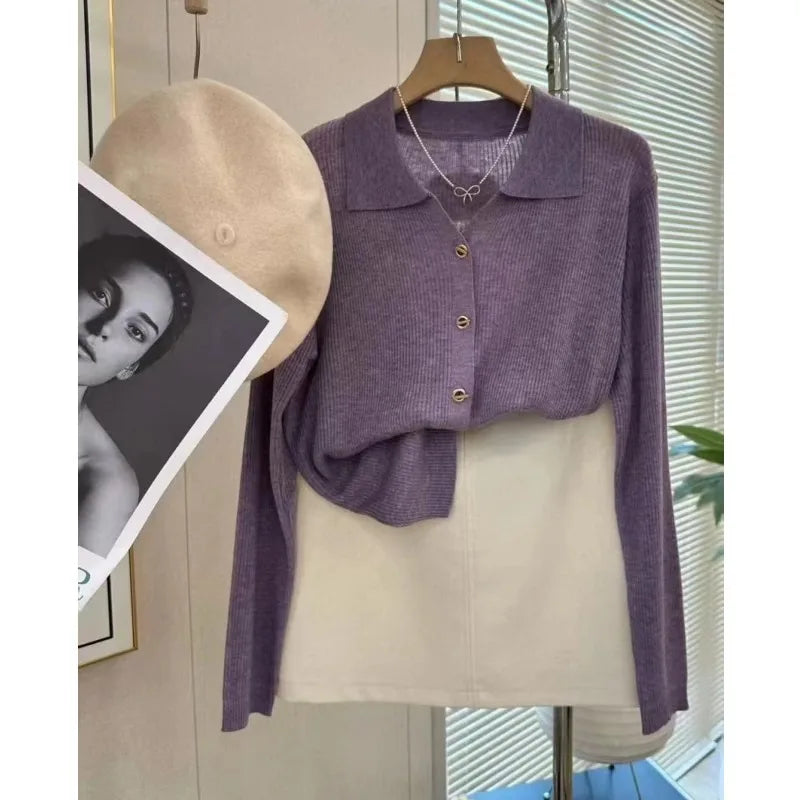 POLO lapel cashmere knit cardigan women's spring and autumn thin loose sweater short wool coat