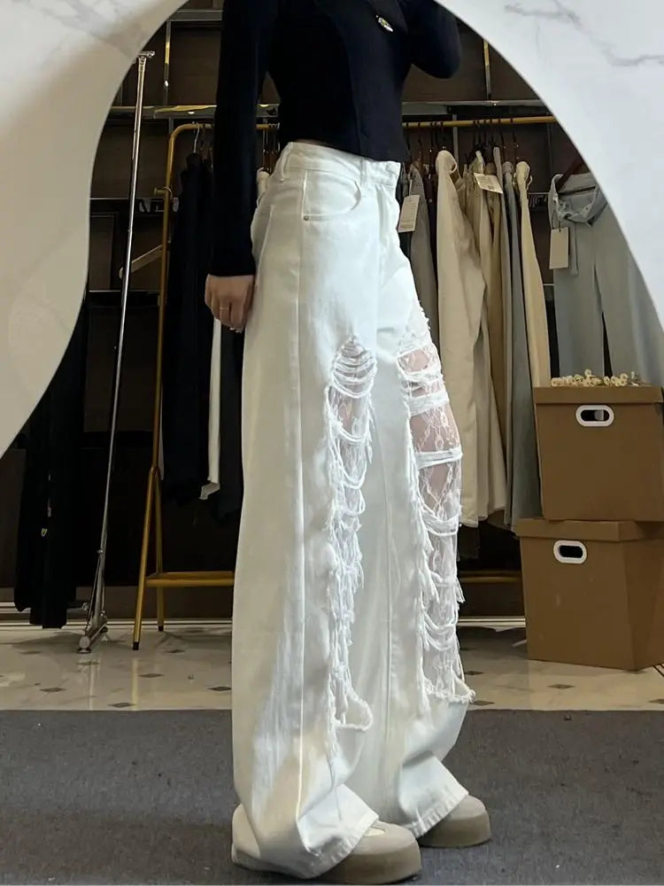 Women's Lace Panel Distressed Wide Leg Denim Jeans