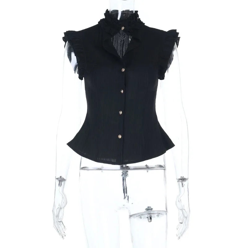 Women's Fitted Ruffled Sleeveless Button Front Vest