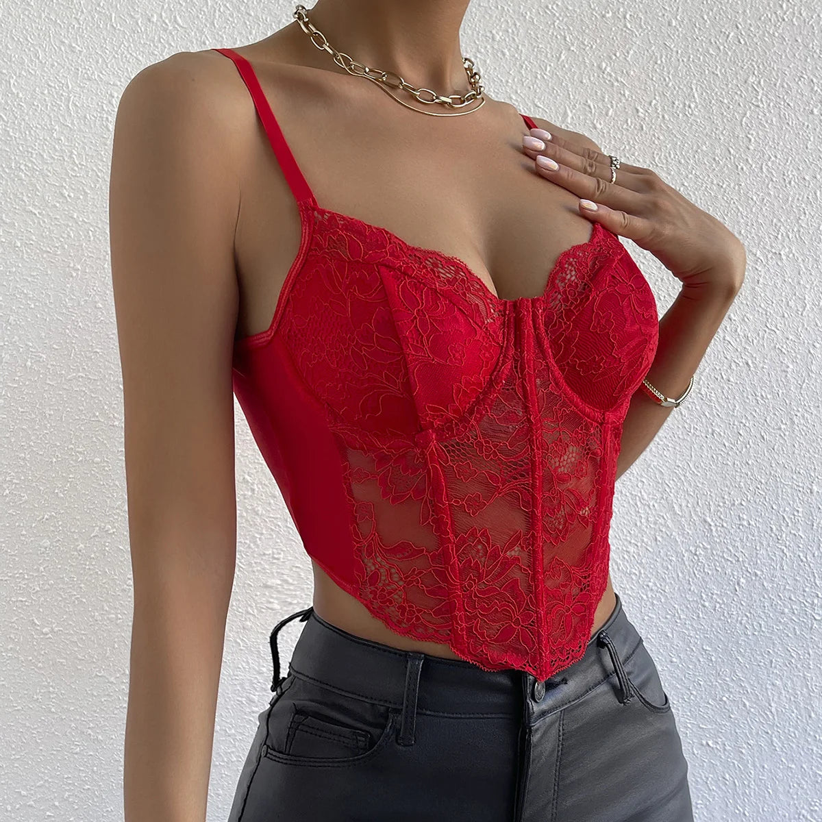 Women's Lace Bustier Crop Top with Underwire Cups and Thin Shoulder Straps