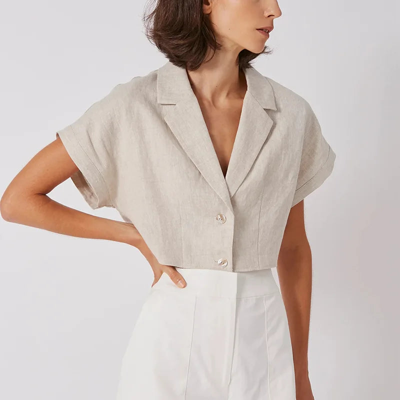 Women's Linen Notched-Collar Short-Sleeve Button-Up Cropped Shirt for Casual Summer Everyday Outfits