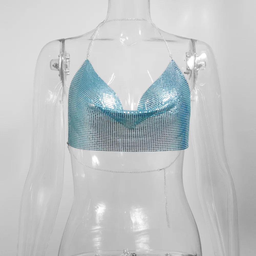 Women's Metallic Chain Mesh Halter Crop Top with Draped Neckline