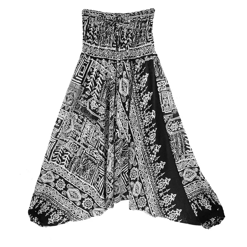 Women's Printed Rayon Harem Pants with Elastic Waist and Convertible Styling