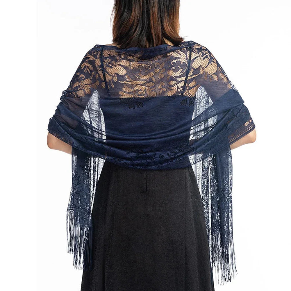 Floral Lace Fringed Wrap Scarf for Layering over Outfits