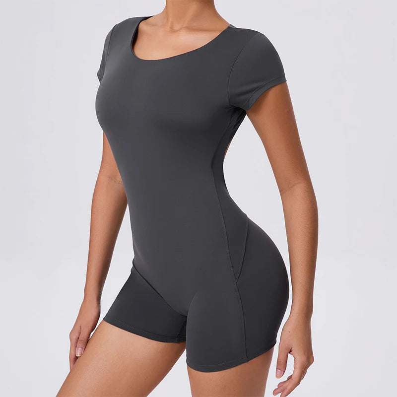 Women's Short Sleeve Nylon Blend Workout Romper with Scoop Neck and Low Back