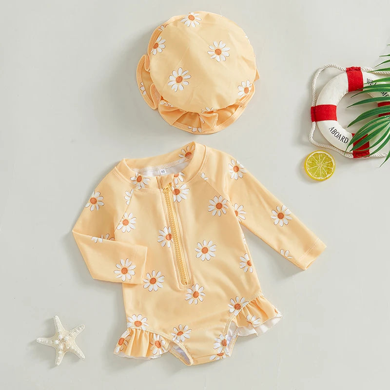 Baby Girls' Floral Long Sleeve Zip-Front Swimsuit with Hat