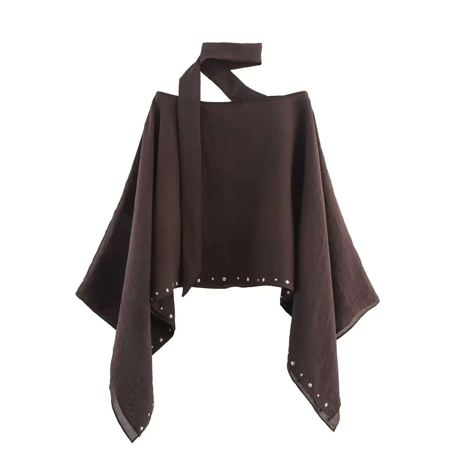 Cropped Stud Trim Cape with Asymmetric Draped Side Panels
