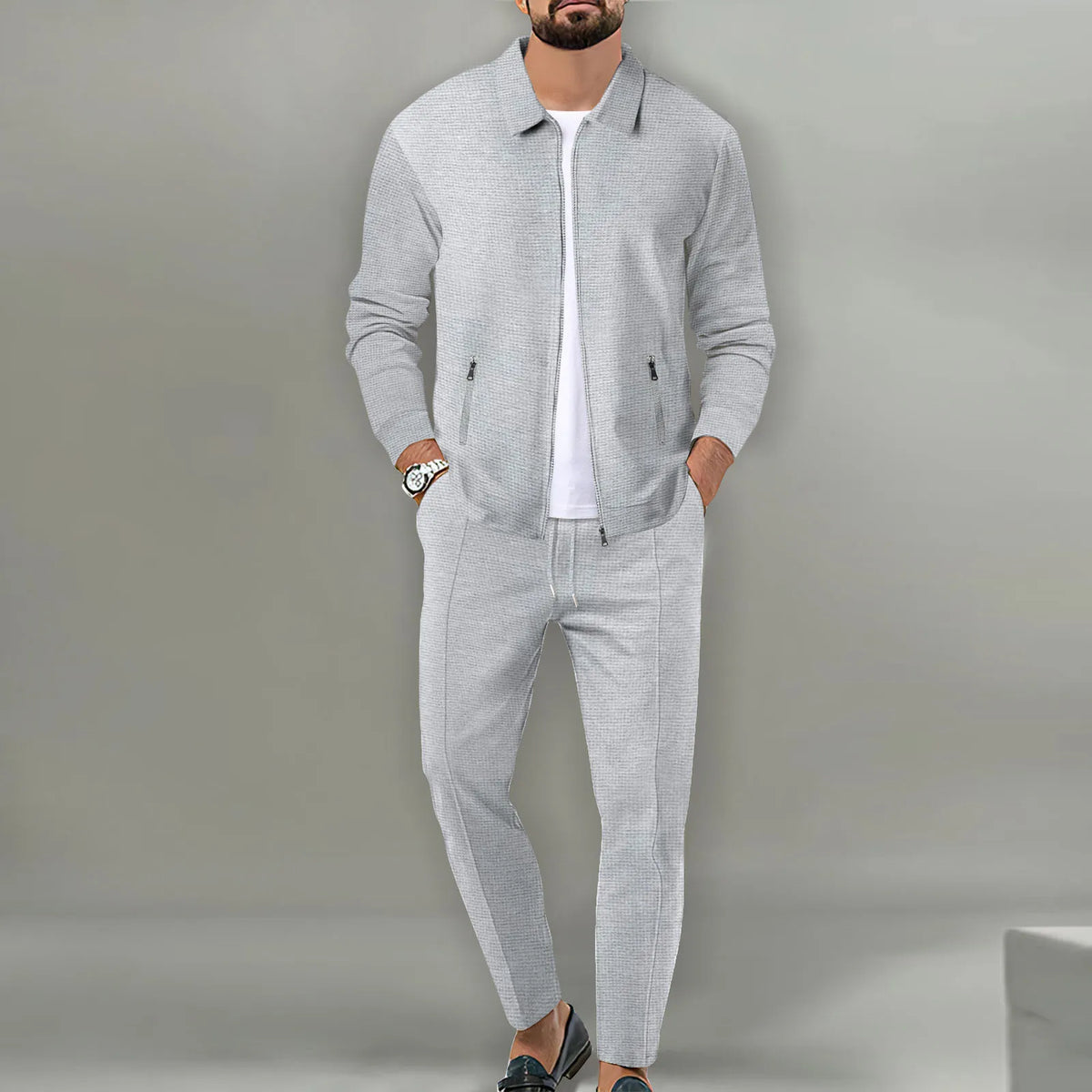 Men's Waffle-Texture Zip Jacket and Pants Set