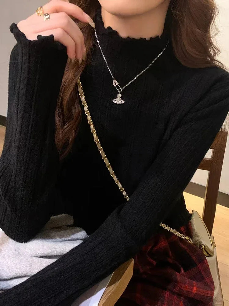 Women's Lettuce Trim Mock Neck Ribbed Sweater Casual Knit Layer