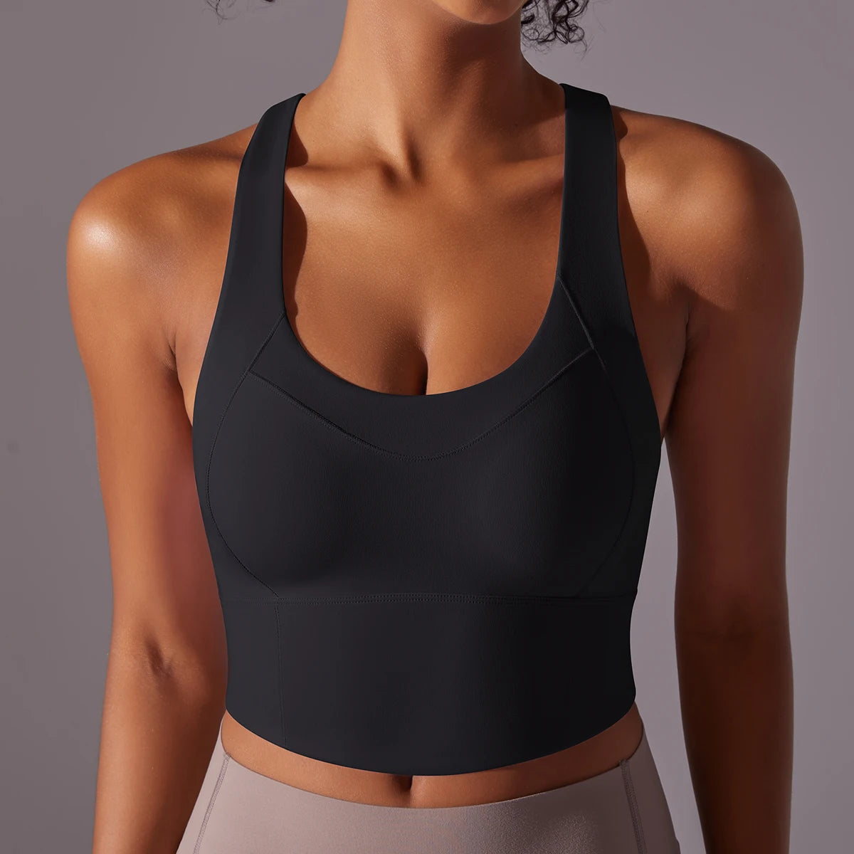 Women's Cross Back Nylon Blend Longline Sports Bra with Scoop Neck