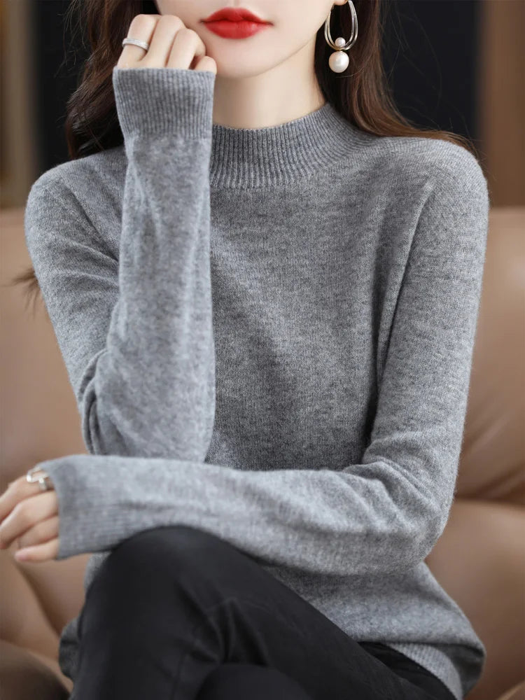 Women's Plain Mock Neck Long Sleeve Sweater Casual Knit Layer