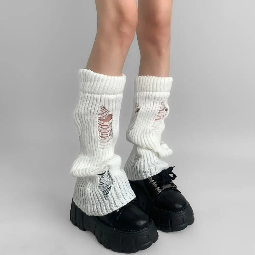 Distressed Ribbed Knit Leg Warmers with Ripped Pattern Details