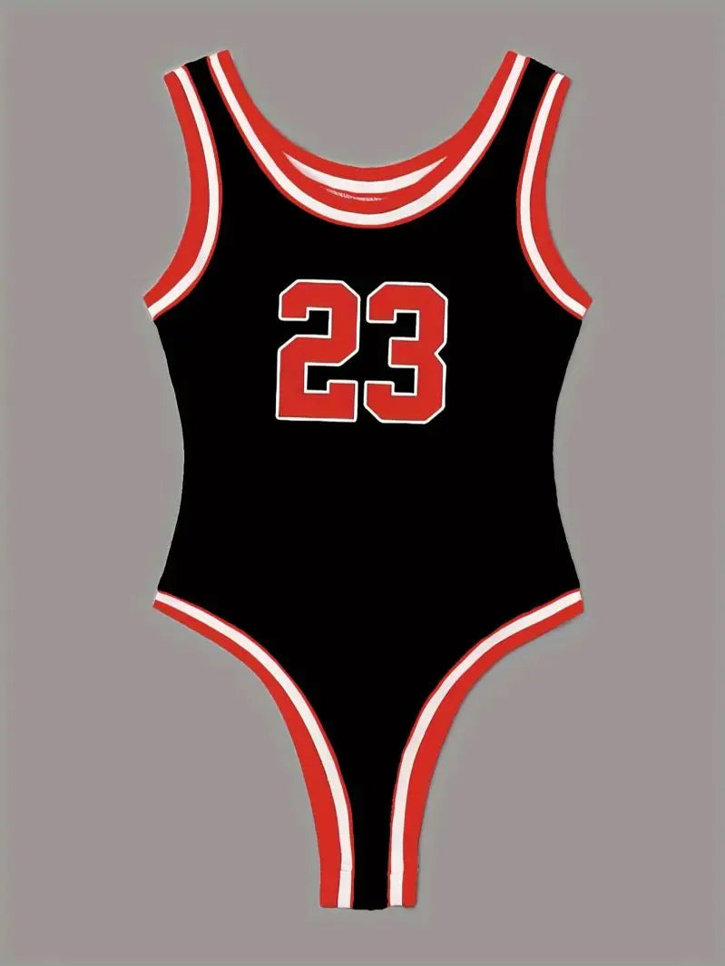 Women's Number Print Sleeveless Polyester Blend Bodysuit with Contrast Trim